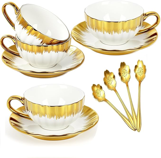 Cappuccino Cups with Saucers and Sakura Spoons, 8 oz Ceramic Espresso Cup Set of 4, Gold-Trim Coffee Cup Mugs for Latte, Tea, Kitchen or Café, Microwave and Dishwasher Safe