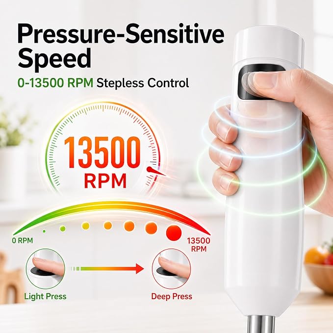 Cordless Immersion Hand Blender (Stick Blender) – Smooth, Controlled Blending for Everyday Cooking, 12V Brushless Motor, Pressure-Sensitive Variable Speed, USB-C Rechargeable, Easy-Clean (White)