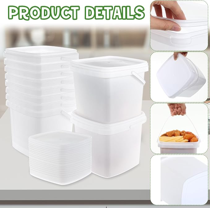 Mifoci 24 Pack5 Qt/169 Oz/5 L Thicken Plastic Buckets with Lids & Handles, Ice Cream Container, Food Grade, Freezer Safe, Sealable Square Reusable Storage Bucket, All Purpose Pails for Soup Fruit Deli