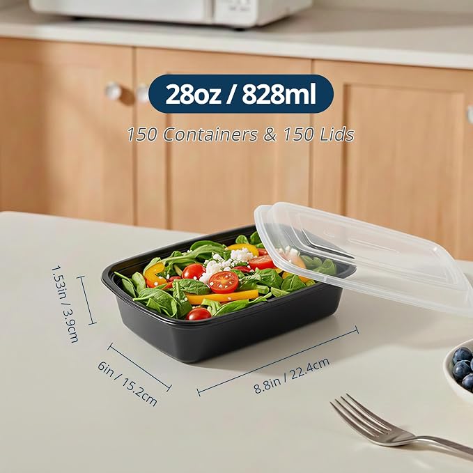 TIYA Meal Prep Containers with Lids, 150 Pack 28 oz Reusable Plastic Food Storage Containers, BPA-Free Lunch Boxes, Microwave/Dishwasher/Freezer Safe, Stackable Portion Control Containers