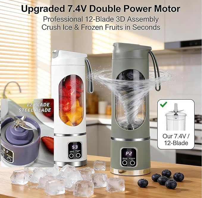 Portable Blender for Shakes and Smoothies, 16oz Personal Blender, USB-C Rechargeable, 12-Blade Ice Crusher, Cordless Mini Smoothie Maker with Drinking Lid for Travel Gym(Purple)