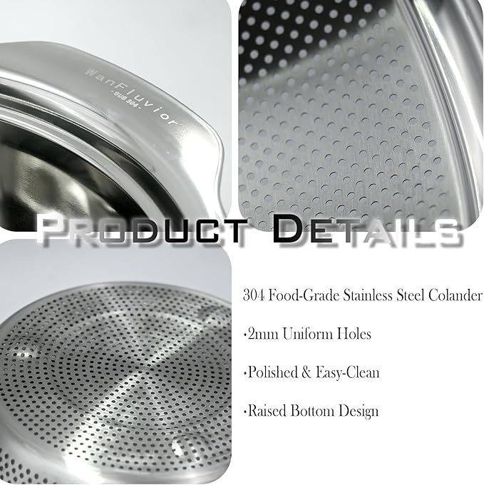 2 PCS Stainless Steel Colander, 3.5 QT 18/8 Stainless Steel Strainer, Colander for Kitchen Made of SUS304 Stainless Steel with Handle for Veggie Fruit Rice Pasta, Easy to Clean