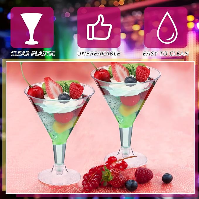 Yinkin 50 Pcs 7 oz Plastic Martini Glasses Disposable Clear Cocktail Dessert Parfait Glasses Unbreakable Mini Martini Cups for Wedding Party Bowl Wine Ice Cream (Stem)
