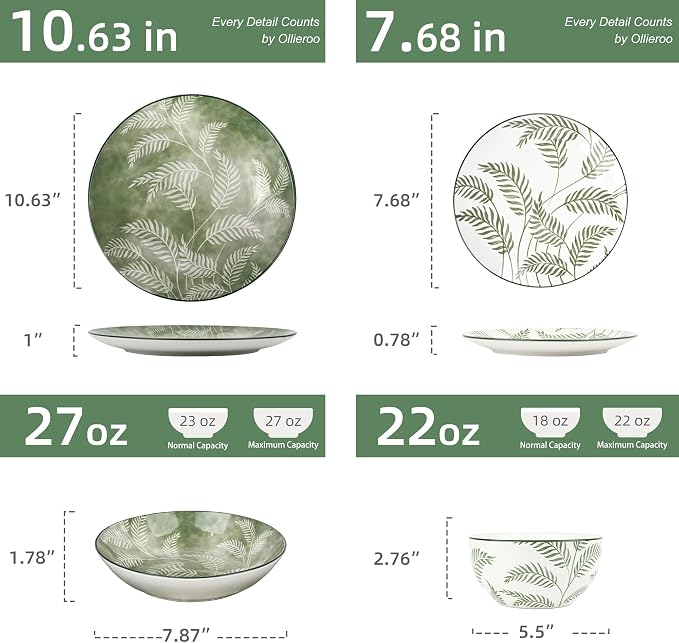 Porcelain Lightweight Dinnerware Sets for 4, 16 Pieces Sage Green White Floral Ceramic Plates and Bowls Set, Summer Dish Set with Pasta Bowls, Microwave and Dishwasher Safe