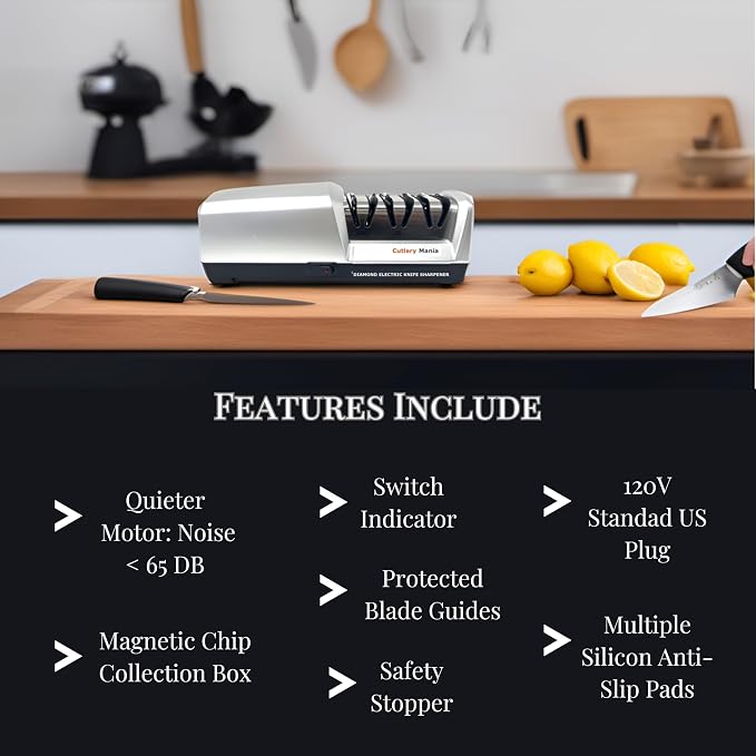 Simple Sharp Professional Electric Knife Sharpener | 3 Stage Precision Sharpening System for Straight and Serrated Blades with Diamond Abrasives | Effortless Precision Sharpening (Silver)