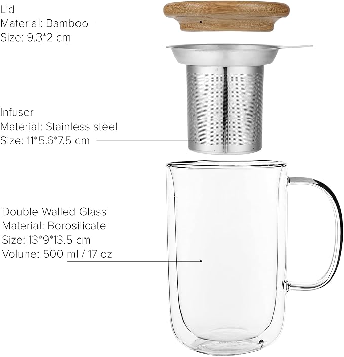 VIVA Minima Double Wall Glass Balance Tea Mug with Mesh Infuser and Wood Lid- 500 ml / 17 oz