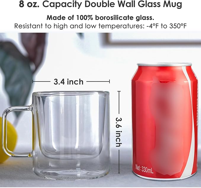 Aquach 8oz Double Walled Glass Coffee Mugs 2pcs, Insulated Espresso Cups | Dishwasher/Microwave Safe, Borosilicate Glass, Double-walled, Smooth Rim, Comfort Handle, Small Capacity