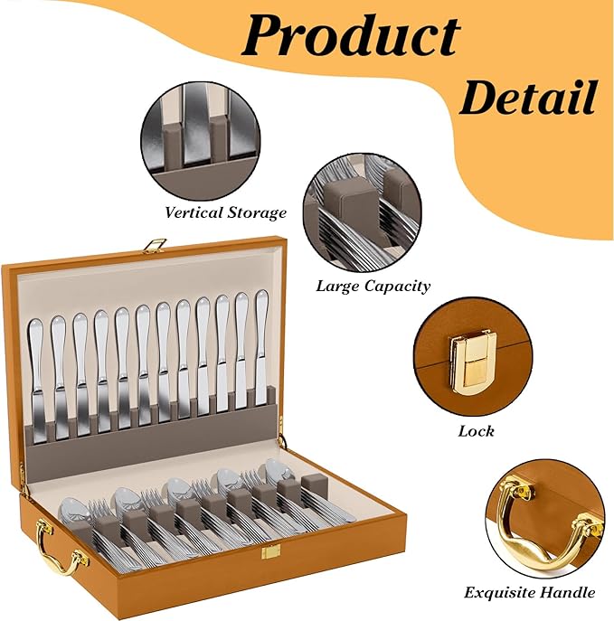 Wooden Silverware Storage Box With Lid, Cutlery Case With Handle & Felt Lined, Silver Flatware Chest for 12 Sets of Utensil for Forks, Knives, Spoons, Kitchen and Dining Organizer, Walnut