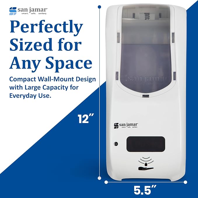 San Jamar Hybrid Soap Dispenser – 875ml Dual Manual Touchless Mode Liquid Dispenser, Adjustable Portioning, Multi-Surface Install for Bathroom or Commercial Use, White/Clear
