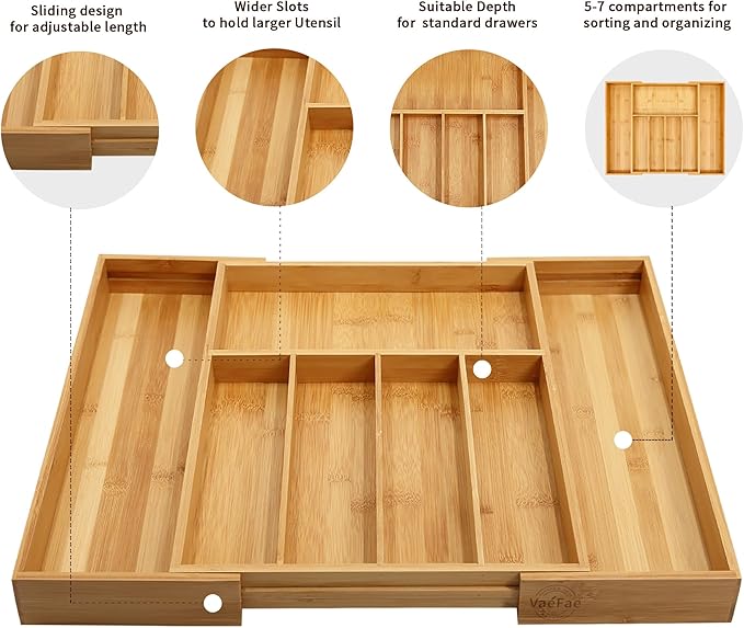 VaeFae Bamboo Silverware Drawer Organizer with Knife Block and Silverware Organizer Bundle