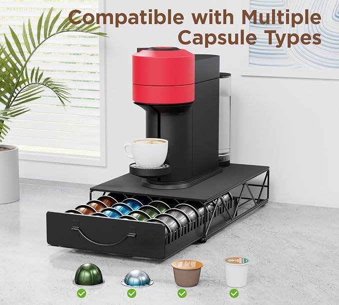 HFHOME Coffee Pod Holder Drawer Compatible with Nespresso - 48 Small or 24 Large VertuoLine Pods - Coffee Capsule Storage Organizer for Vertuo - Coffee Capsule Holder for Home Kitchen