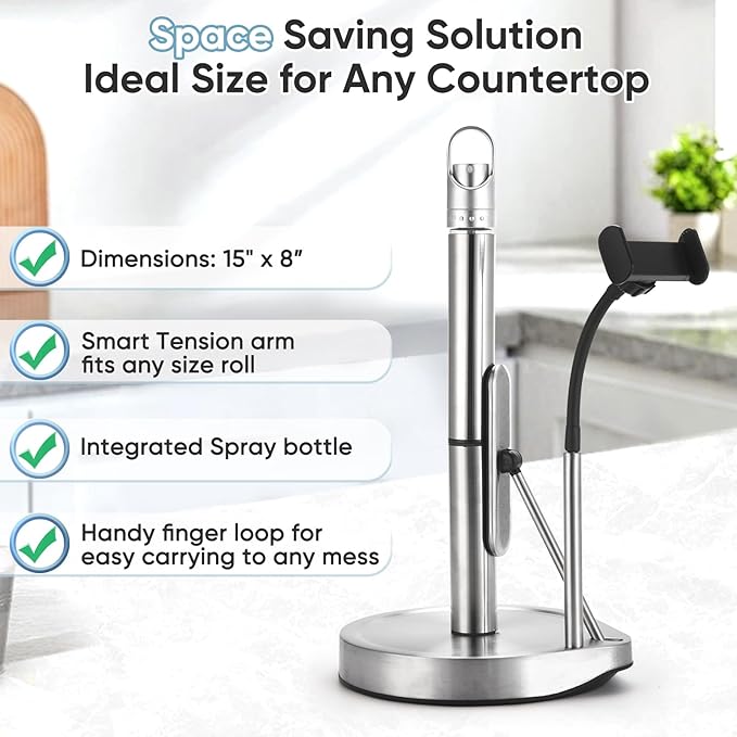 Paper Towel Holder with Spray Bottle (with Phone Holder) for Kitchen Decor and Accessories - Paper Towel Holder Countertop for Home Necessities - Kitchen Phone Holder - Kitchen Phone Stand