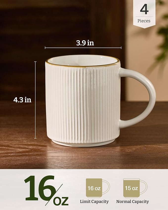 famiware Coffee Mug Set for 4, Star 16 oz Catering Mugs Cup Set with Handle for Coffee, Tea, Cocoa, Milk - Ceramic Stoneware Drinkware Set, White