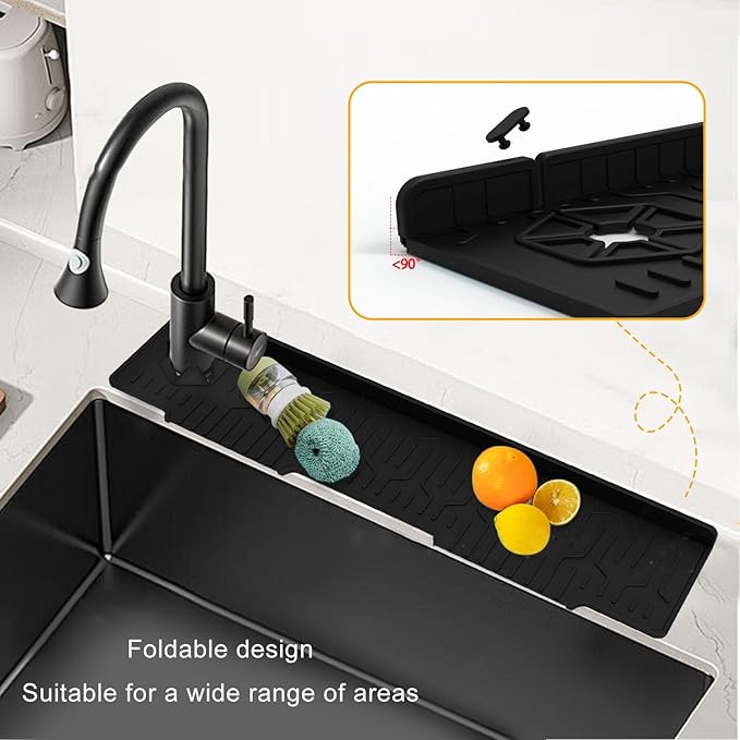 Kitchen Sink Splash Guard, Double Sided Faucet Mat for Kitchen Sink, Silicone Faucet Handle Drip Catcher Tray Mat Silicone Sink Mat, Sink Splash Guard Mat with Adjustable Hole