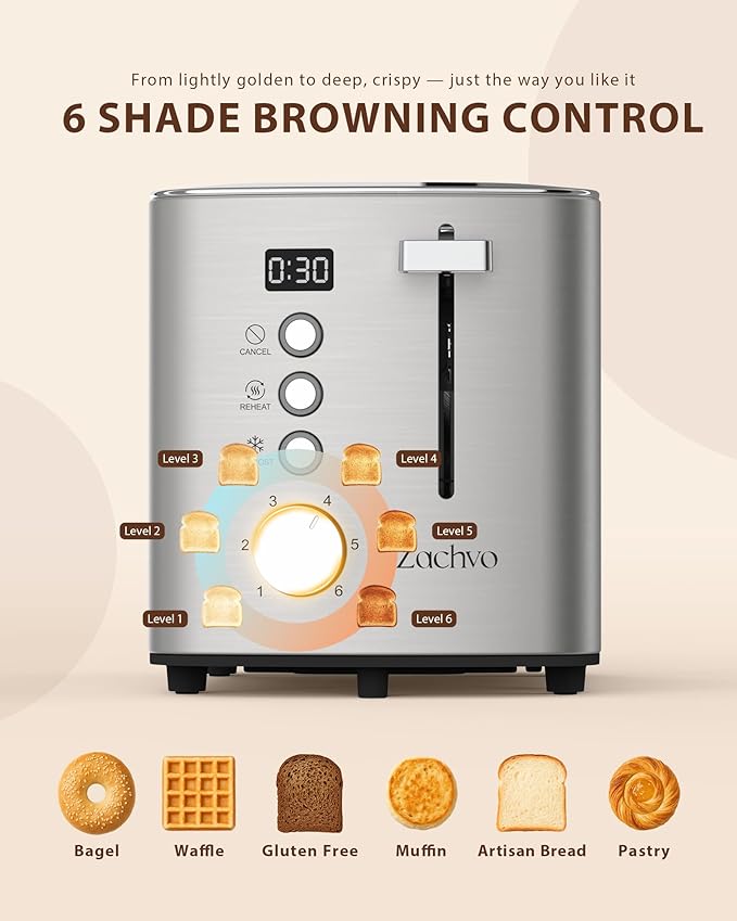 2 Slice Toaster with Wide Slots for Bread & Bagels, Stainless Steel Toaster with Digital Countdown, 6 Shade Settings, Defrost, Reheat & Cancel, Compact Design for Kitchen