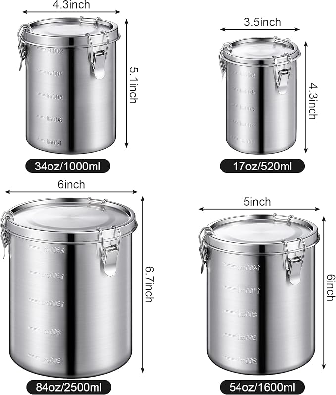 Sabary 4 Pcs Stainless Steel Airtight Food Containers for Kitchen 84oz 54oz 34oz 17oz Coffee Bean Flour Sugar Tea Cereal Cookie Metal Food Storage Canisters with Lids and Sturdy Locking Clamp
