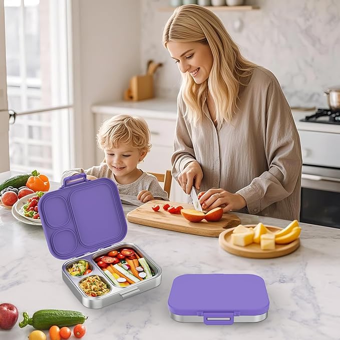 Stainless Steel Lunch Box, Leak-Proof with free sealing Bento Box 3 Compartments, Metal Lunchbox for Travel & Work, Eco-Friendly Meal Storage Solution Purple