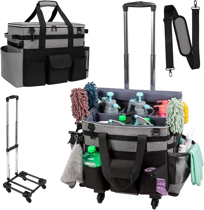 Large Rolling Cleaning Caddy with Wheels, Cleaning Supplies Organizer with Detachable Trolley, Water-resistant Cleaner Cart for Housekeepers, Multi Pocket Cleaning Cart with Strap, Gray