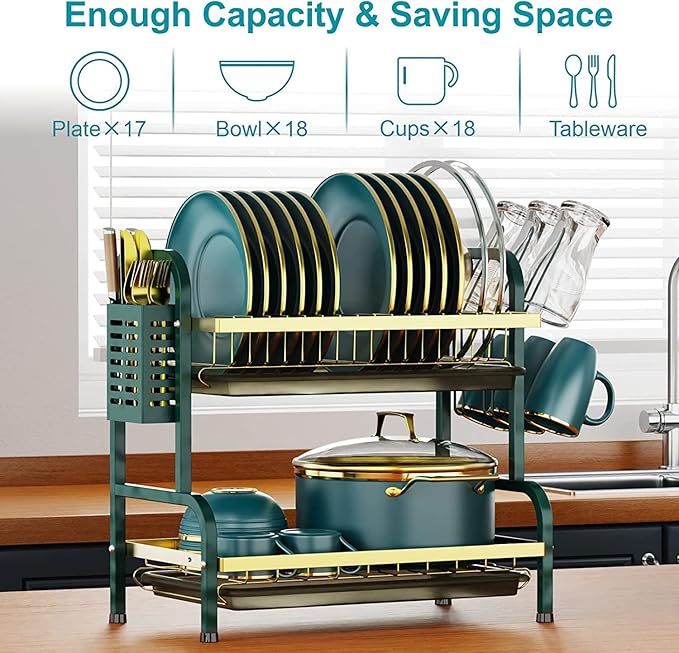Dish Drying Rack,2 Tier Stainless Steel Dish Rack Drainboard Set,Utensil Holder, Cutting Board Holder,Dish Drainer for Kitchen Counter,Space-Saving (Green Gold)