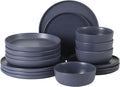 Gibson Elite Bayou Moon Plates and Bowls Sets, 16-Piece Blue Matte Stoneware Dinnerware Sets, Solid Color Reactive Glaze Dish Set