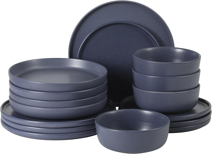 Gibson Elite Bayou Moon Plates and Bowls Sets, 16-Piece Blue Matte Stoneware Dinnerware Sets, Solid Color Reactive Glaze Dish Set