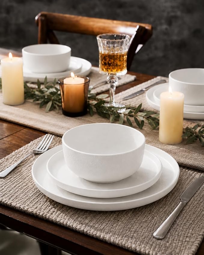 LERATIO Stoneware Dinnerware Sets for 4,Handcarft Ceramic Plates and Bowls Sets,Chip and Scratch Resistant Dishes, Dishwasher & Microwave Safe, Oven safe,Reactive Glaze-White