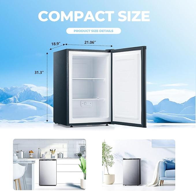 Electactic 3.0 Cu.ft Small Freezer, Mini Upright Freezer with 7 Adjustable Thermostat, Removable Shelves, Reversible Single Door, for Bedroom/Home/Dorms/Apartment (Silver)