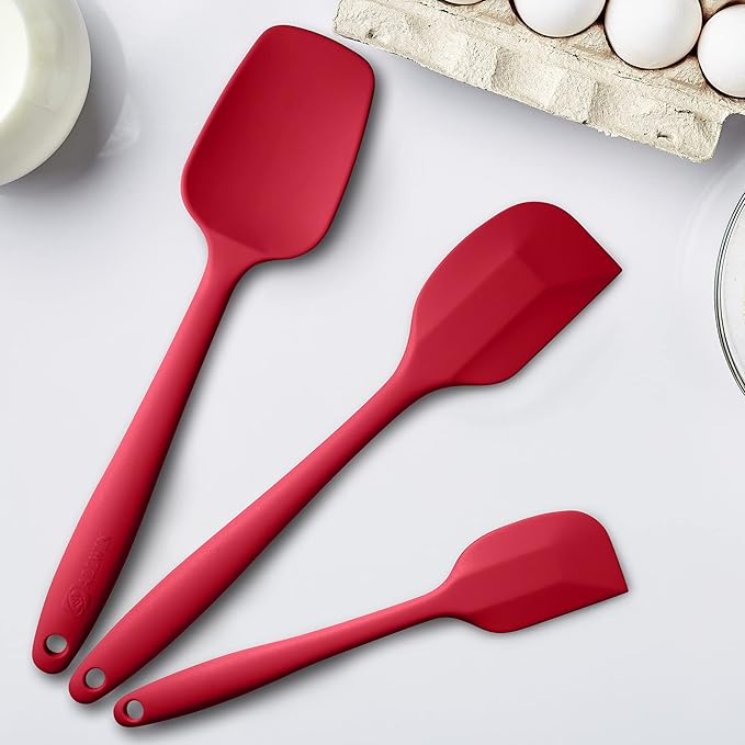 Silicone Spatula 3‑Piece Set Heat Resistant 600°F Non‑Stick Rubber Spatulas with Stainless Steel Core ALLWIN HOUSEWARE Large Spatula, Spoonula & Mini Spatula for Cooking & Baking, Wine Red