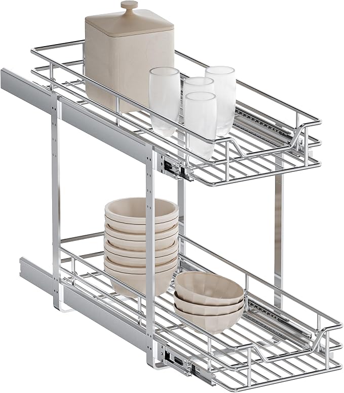 2-Tier Pull Out Cabinet Organizer, 10.5" W x 18" D, Heavy Duty Dual Slide Out Shelves for Narrow Base Cabinets, Chrome Wire Basket Drawer for Spices, Bottles & Snacks