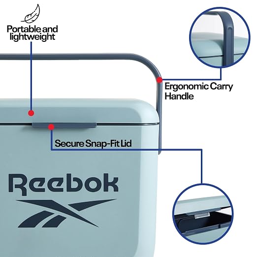 Reebok 8L Hard Cooler,Officially Licensed Portable Cooler Ice Chest with Handle, Holds 12 Cans, 12-Hour Ice Retention,Light Blue