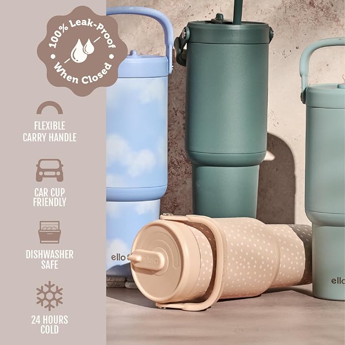 Ello Oasis Go+ 26oz Tumbler with Top Handle and Retracting Straw | Reusable Insulated Stainless Steel Cup, 100% Leakproof Water Bottle, 24 Hours Cold, Cup Holder Friendly For Travel | Wild Dot