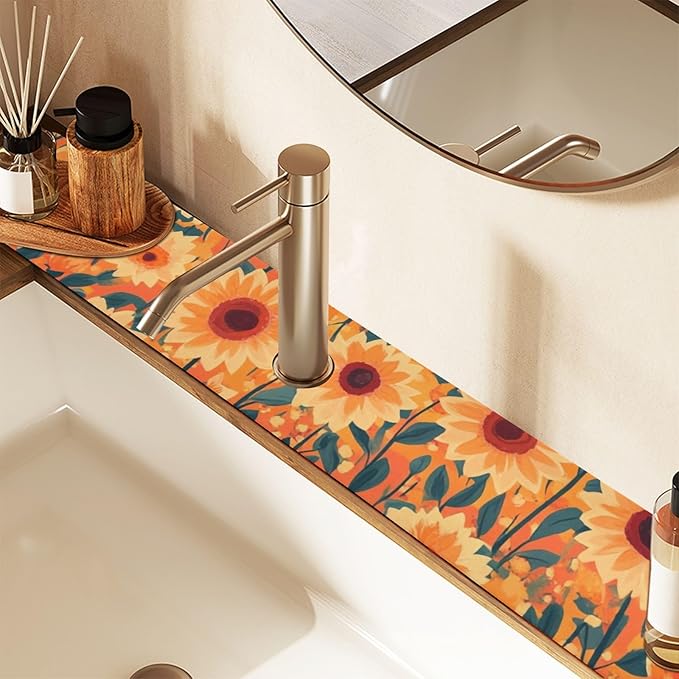 Kitchen Sink Splash Guard 1 PC 14.7 Inch Sink Faucet Mat Splash Guard for Bathroom Countertop Water Absorbent Foldable Cuttable Soft Washable Orange Sunflowers and Poppy Flowers