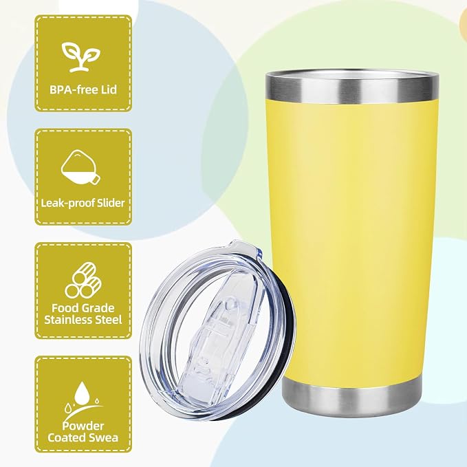 20oz Tumbler with Lid Stainless Steel Insulated Tumblers Travel Coffee Tumbler Bulk Double Wall Vacuum Insulated Water Cup Gifts for Christmas Women Men Her Him Home Office(Yellow, 1pack)