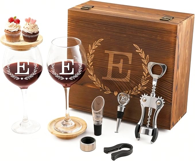 GZLDGIFTS Personalized Initial Wine Glasses Box Gift Set For Women Mom Engraved Birthday Monogrammed Wooden Christmas Gifts Wedding Anniversary Wine Couples Stopper Opener Initial Letterr (E Set)