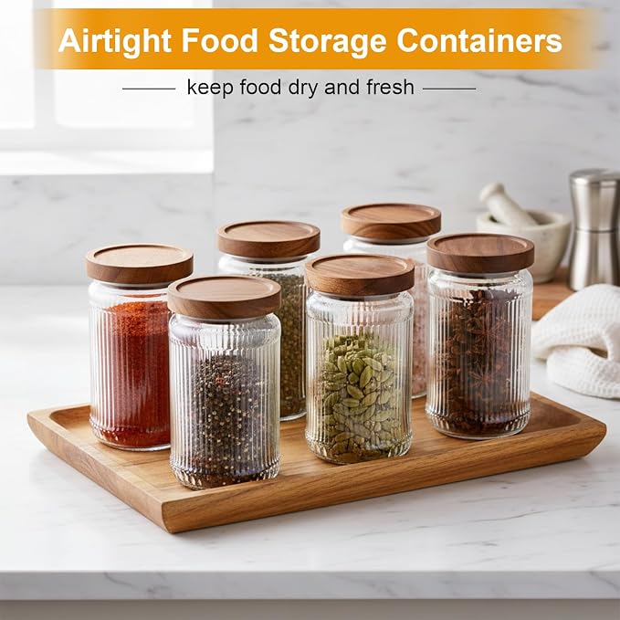 6 Pcs 1000ml/34 oz Vintage Glass Storage Jar Glass Containers with Wood Lid Ribbed Pattern Airtight Kitchen Spice Containers for Pantry, Coffee Bean, Grains, Tea, Sugar, Flour, Candy, Oats