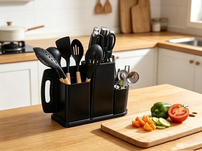 Kitchen Utensils and Knives Set, 20PCS Knife and Cooking Spoon Tools Set with Storage Holder, Sharp Stainless Steel Knife Sets with Bread, Chef Knifee (Black)