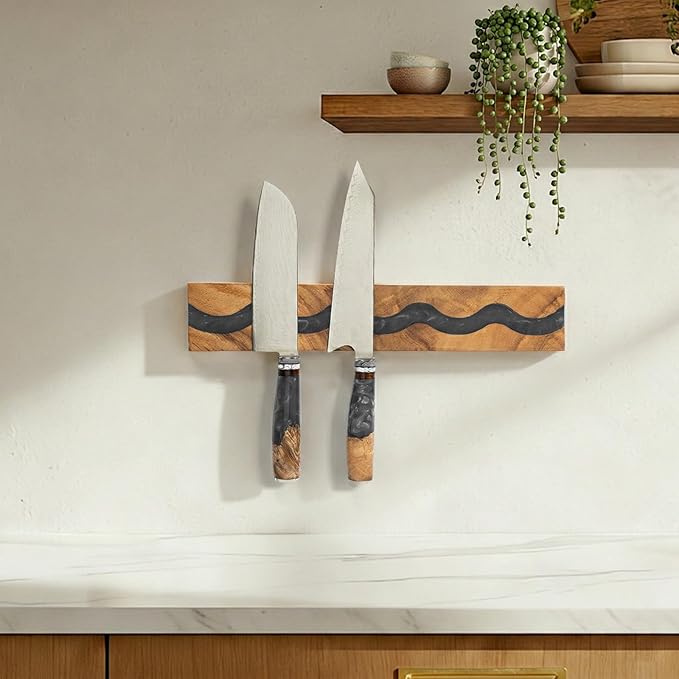 Wooden Magnetic Knife Holder with Black Resin for Wall, Wall Mounted Farmhouse Bar Kitchen Knives Organizer, Untensil Bar Storage and Spice Rack, 16 Inch