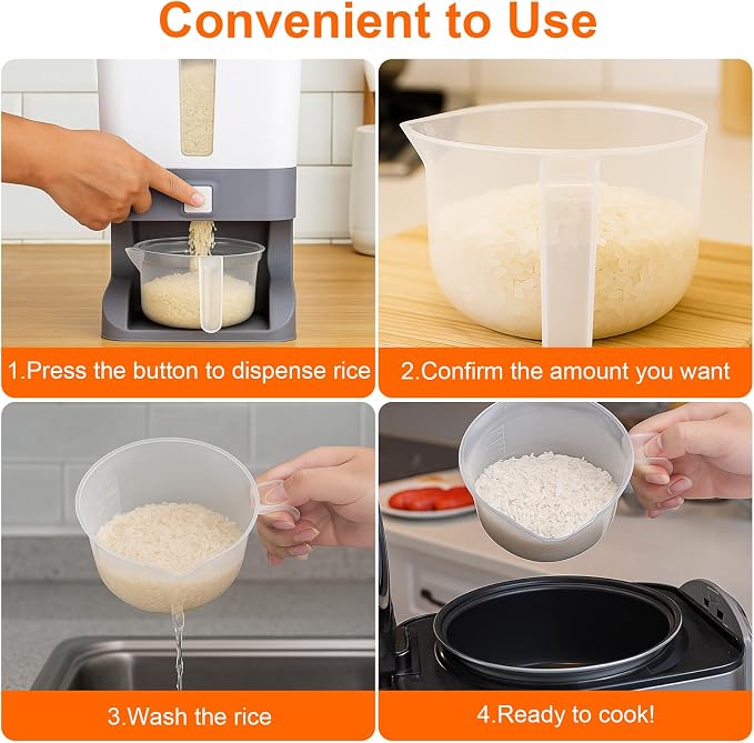 Mity rain Rice Dispenser 20 Lbs with Moisture Absorbing Clay, Rice Storage Container with Measuring Cup, 12 L Cereal Containers Storage Airtight for Kitchen Pantry Organization Gray