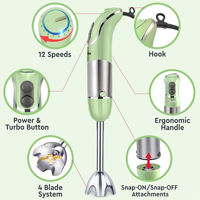 Mueller Multistick 800W 4-in-1 Immersion Blender Handheld, 12 Speed Hand Mixer - Turbo Boost, Heaviest Duty Copper Motor, Titanium Blades Hand Blender, Milk Frother Wand, Whisk, Beaker, Chopper, Green