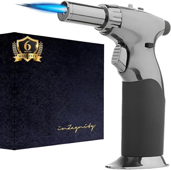 Dual Flame Butane Torch Gun - Refillable Luxury Hand Held Mini Blow Torch for Cooking, Creme Brulee, Soldering, Welding, & Resin Art - Adjustable Flame with Ignition Lock - Steel Black by inZaynity®