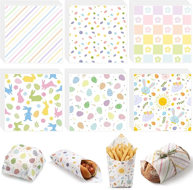 Reallnaive 300 Pcs Easter Wax Paper Sheets 12 x 12 Inch Egg Bunny Flower Parchment Deli Tissue Paper Sandwich Wrapping Sheets Food Basket Liners for Kitchen Restaurant Baking Supplies, 6 Styles