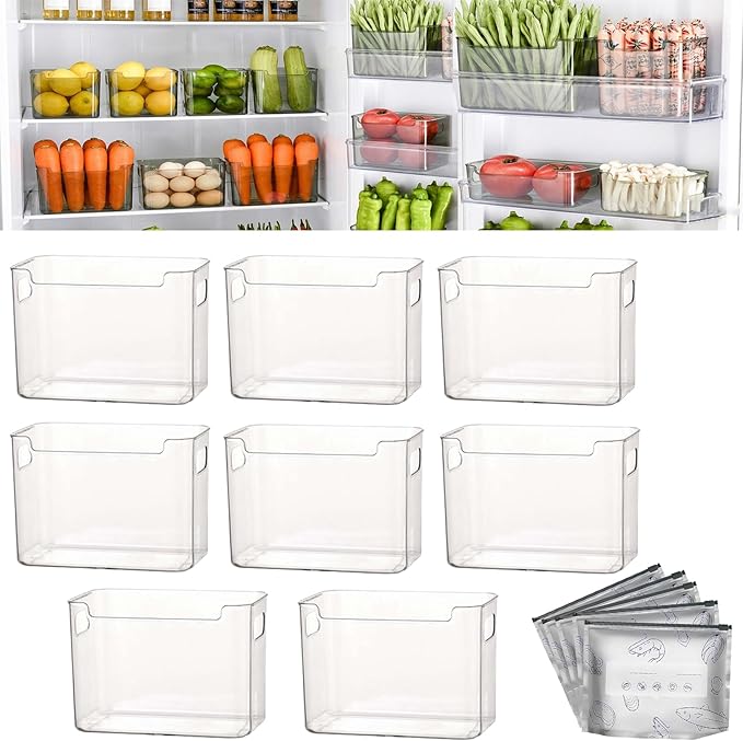 Crystal Clear Freezer Storage Bins - 4 Pack Stackable Freezer Organizer Bins, Clear Plastic Kitchen Cabinet Organizer for Meat, Veggies & Fruit (White, 8pcs-L)