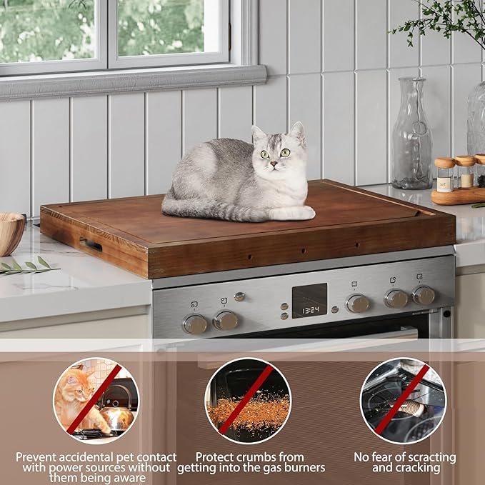 Wooden Stove Top Covers for Gas Burner and Electric Stove, Glass Cooktop Protector, Wood Noodle Board Stovetop Cover With Handles, Walnut