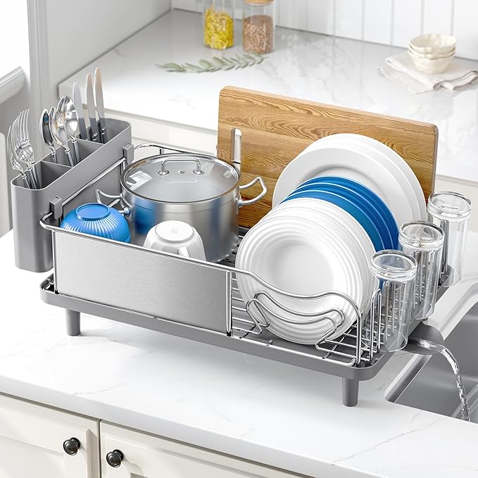 Urackify Stainless Steel Dish Drying Rack - Large Capacity Kitchen Counter Organizer with Drain Board, Utensil Holder & Detachable Cup Shelf, 304 Surgical-Grade Rust-Proof Dish Drainer, Easy Assembly