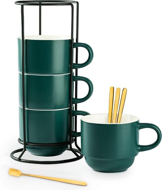 YHOSSEUN Stackable Coffee Mugs, Coffee Mug Set of 4 with Rack and Spoons, 11 oz Tea Cup Set for Espresso Drinks Cappuccino Latte, Coffee Cup Christmas Gift, Dark Green