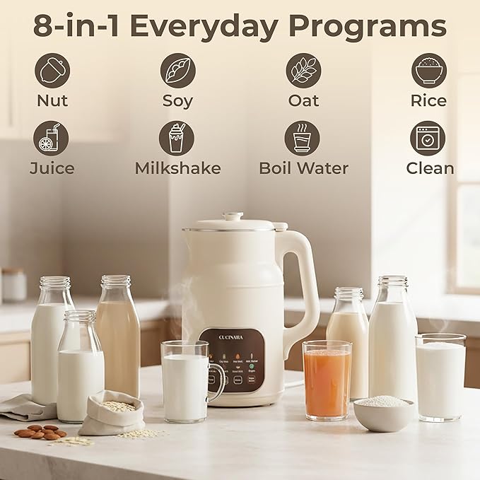 Nut Milk Maker Machine, 59oz – 8-in-1 Almond, Oat, Soy, Rice & Cashew Milk Maker | No Pre-Soaking | 24H Timer, Auto-Clean, 304 Stainless Steel, BPA-Free