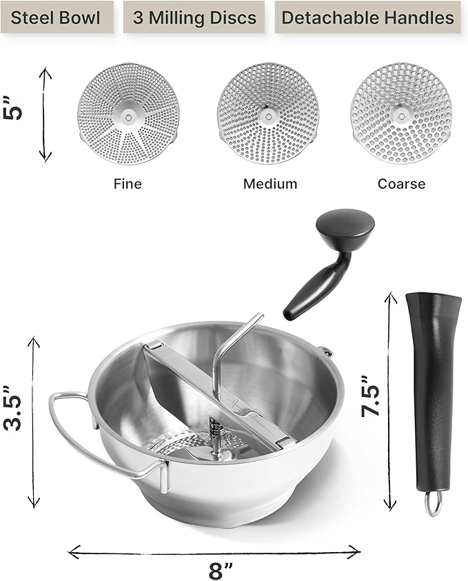 Compact Stainless Steel Food Mill with 3 Discs – Ergonomic Rotary Hand Crank with Removable Handles for Tomato Sauce, Applesauce, Baby Food, Mashed Potatoes & Puree