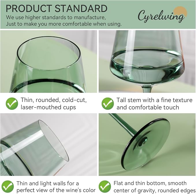 Green Wine Glasses Set of 6,18oz green Wine Glassware Gift Set for Wife & Mom-Colorful Hand Blown Glass Drinkware for Red White Wine