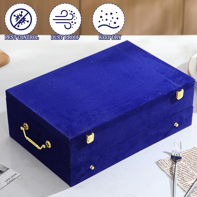 Pickmesh Silverware Case with Lid and Handle, Silverware Storage Box Sterling Silver Flatware Chest Without Silver Tarnish Proof Utensils Organizer for Kitchen Decor Wedding Gifts (Royal Blue,2 Layer)