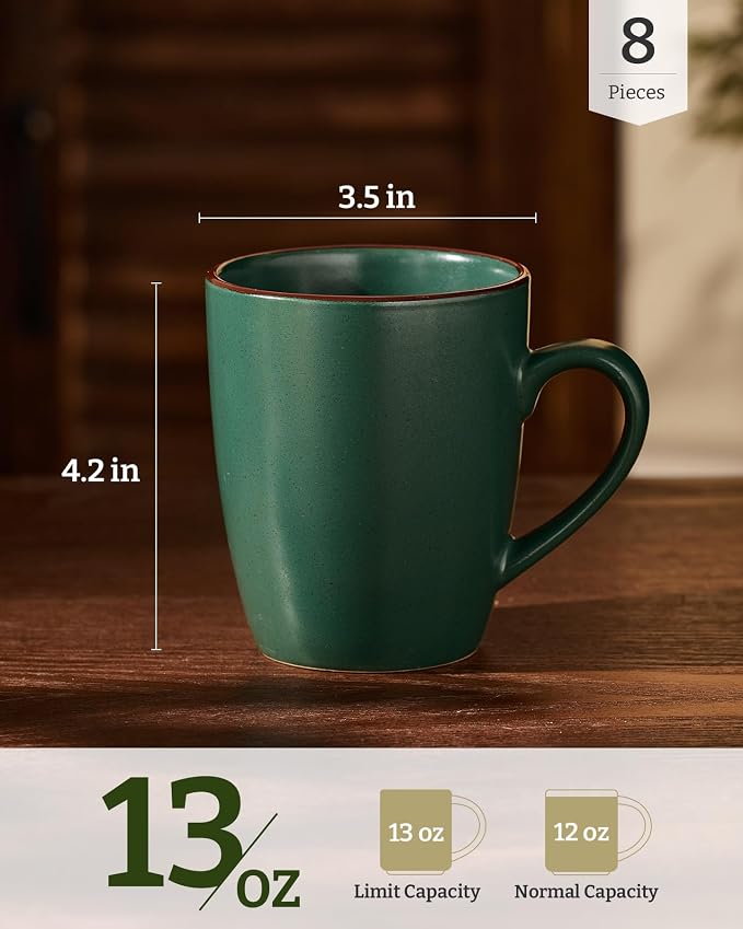famiware Venus Coffee Mugs for 8, 13 oz Mug Set, Dringking Cup with Handle for Coffee, Tea, Cocoa, Milk, Dark Green